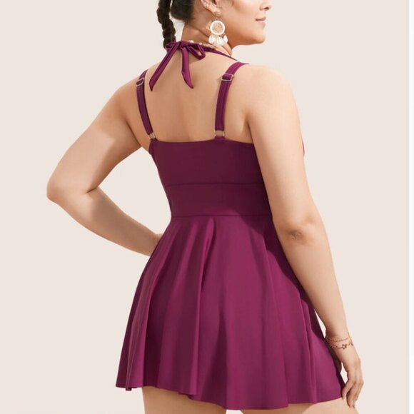 BloomChic Plus Size Solid Ruffle Hem Empire Waist Halter Neck Swim Dress - Picture 2 of 7